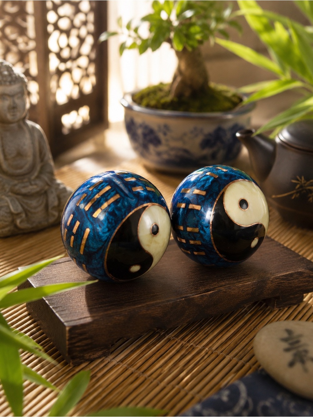 Chinese Baoding Chiming Meditation Balls Yin Yang I Ching Asian Decor Blue Ename